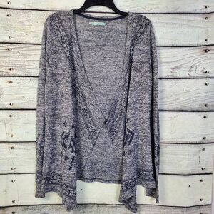 Maurices Women’s Open Front Cardigan Sweater Gray Aztec Pattern Drape Hem L